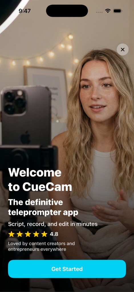 CueCam welcome screen